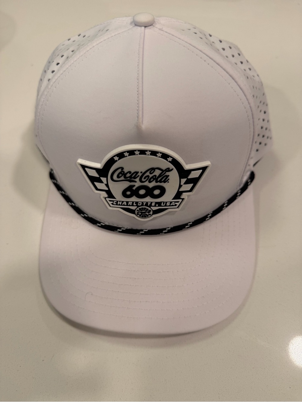 Coca Cola White Snapback Hat with Black Logo Patch and Rope Trim